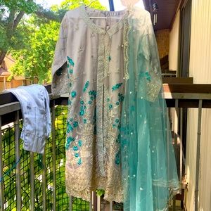 3 piece Pakistani net dress with sink lining party dress kurta set kameez